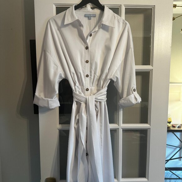 Roxanne Point Collar Long Sleeve Ruched Tie Waist Button Front Shirt Dress - Picture 1 of 6